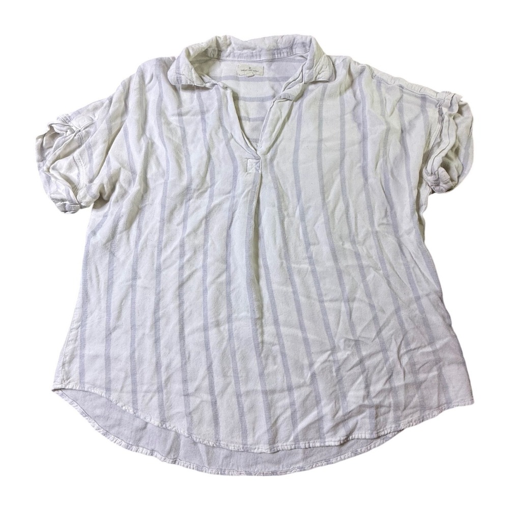 Thread Supply Striped V Neck Roll Tab Sleeve Tunic Shirt Top M